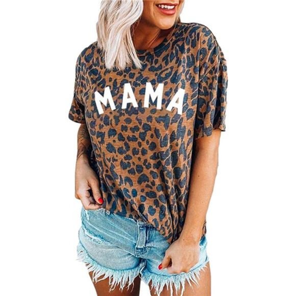 Womens Madre Leopard Print T-Shirts Short Sleeve Mama Shirts Cheetah Mom Graphic - Picture 1 of 4